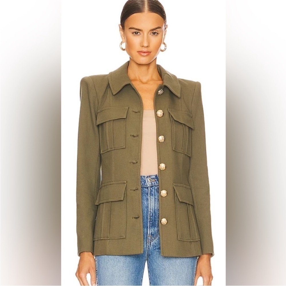 Veronica Beard Olive Utility Jacket with Gold-Tone Buttons